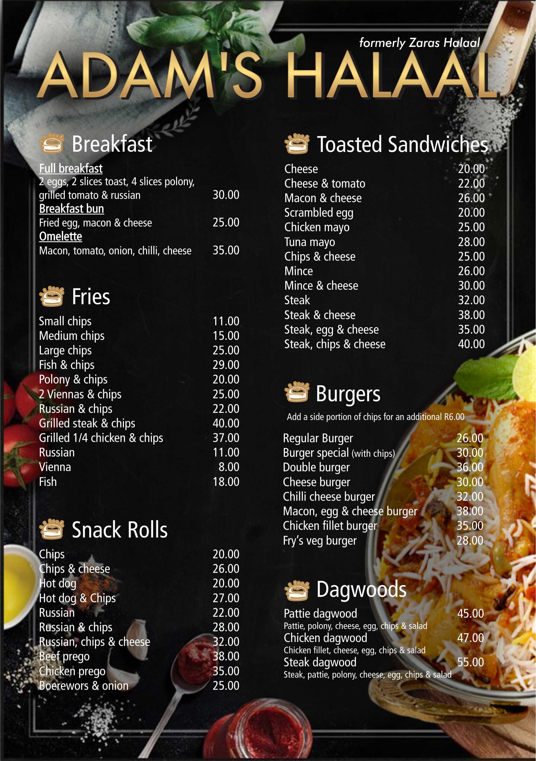Adam's Halaal Foods Menu